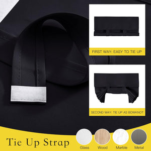 Black fabric tie-up strap with white hook-and-loop fastener, shown styled as simple roll-up and decorative bowknot.