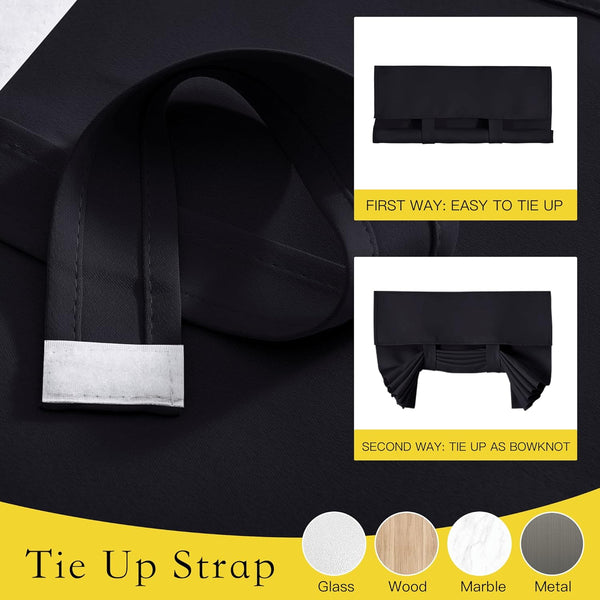 Black fabric tie-up strap with white hook-and-loop fastener, shown styled as simple roll-up and decorative bowknot.