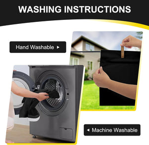 Washing instructions for black fabric, showing loading into a washing machine and line drying outside.