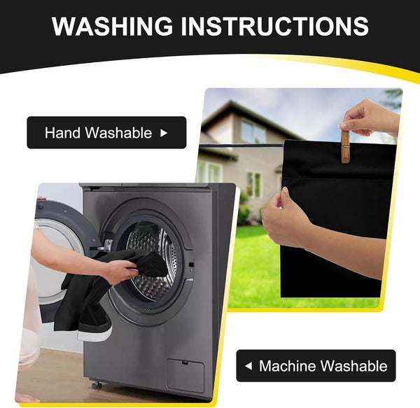 Washing instructions for black fabric, showing loading into a washing machine and line drying outside.