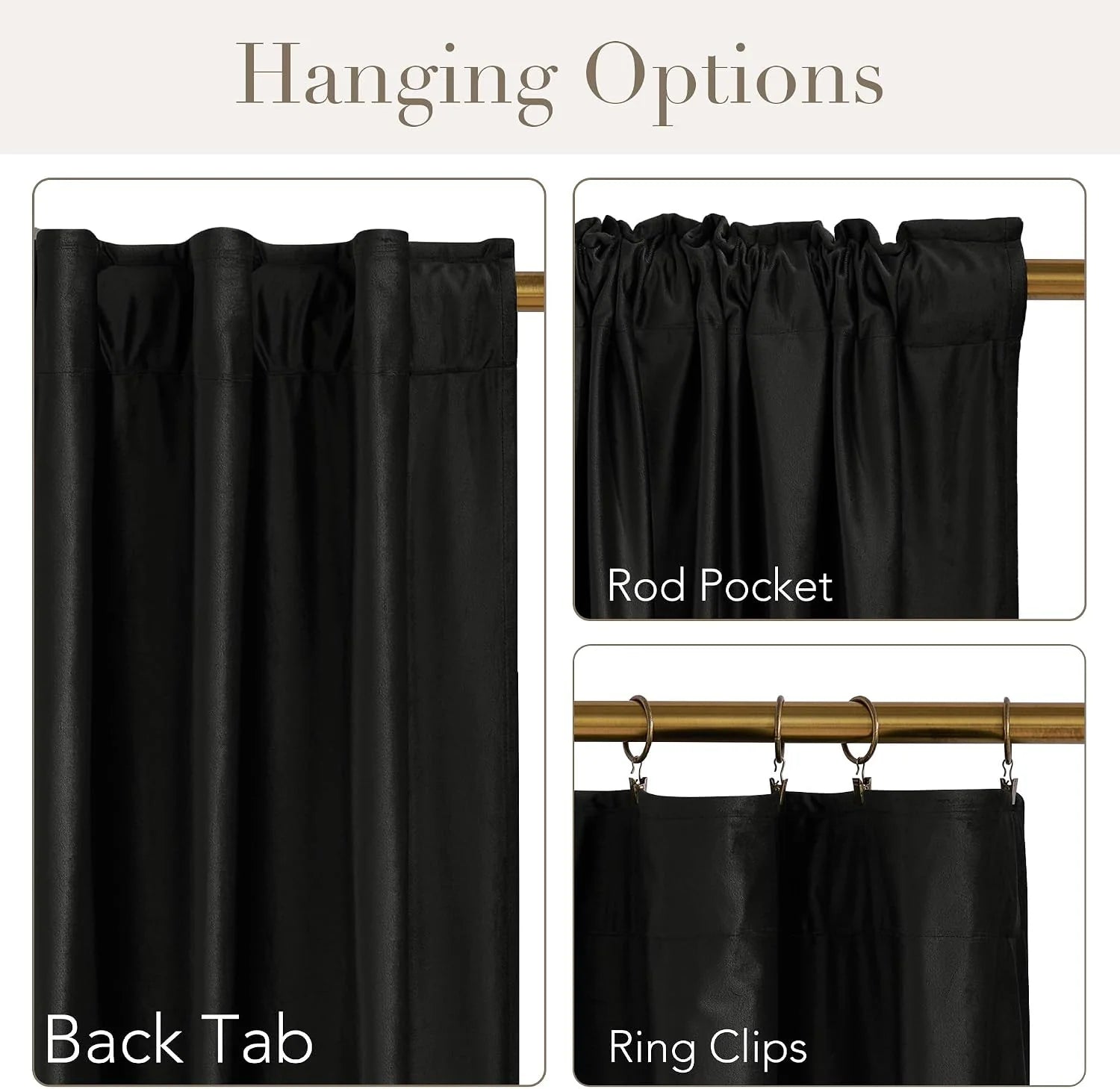 Black faux leather curtain panel shown with back tab, rod pocket, and ring clips
