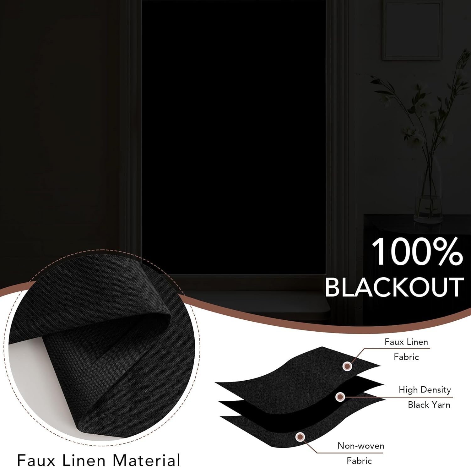Black faux linen blackout curtain with layered fabric construction ensuring 100% light blockage.
