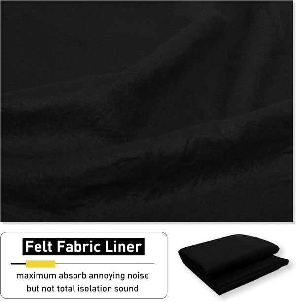 Close-up of a soft, black felt fabric liner with a thick texture, designed for noise absorption.