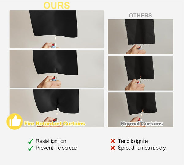 Hands demonstrate fire retardant black curtain fabric resisting flame compared to normal fabric igniting.
