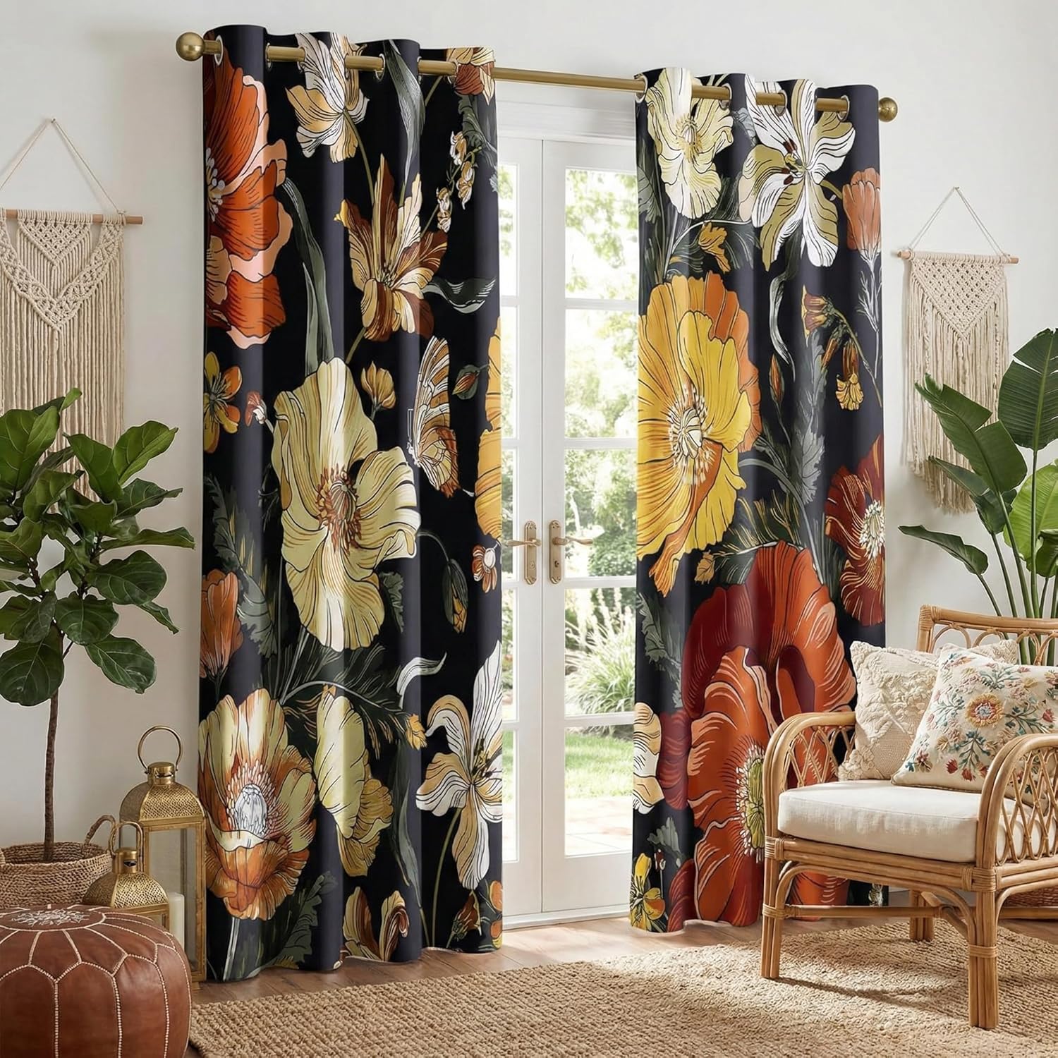 Vibrant black blackout curtains with yellow, orange, and white tropical floral pattern and grommet tops.