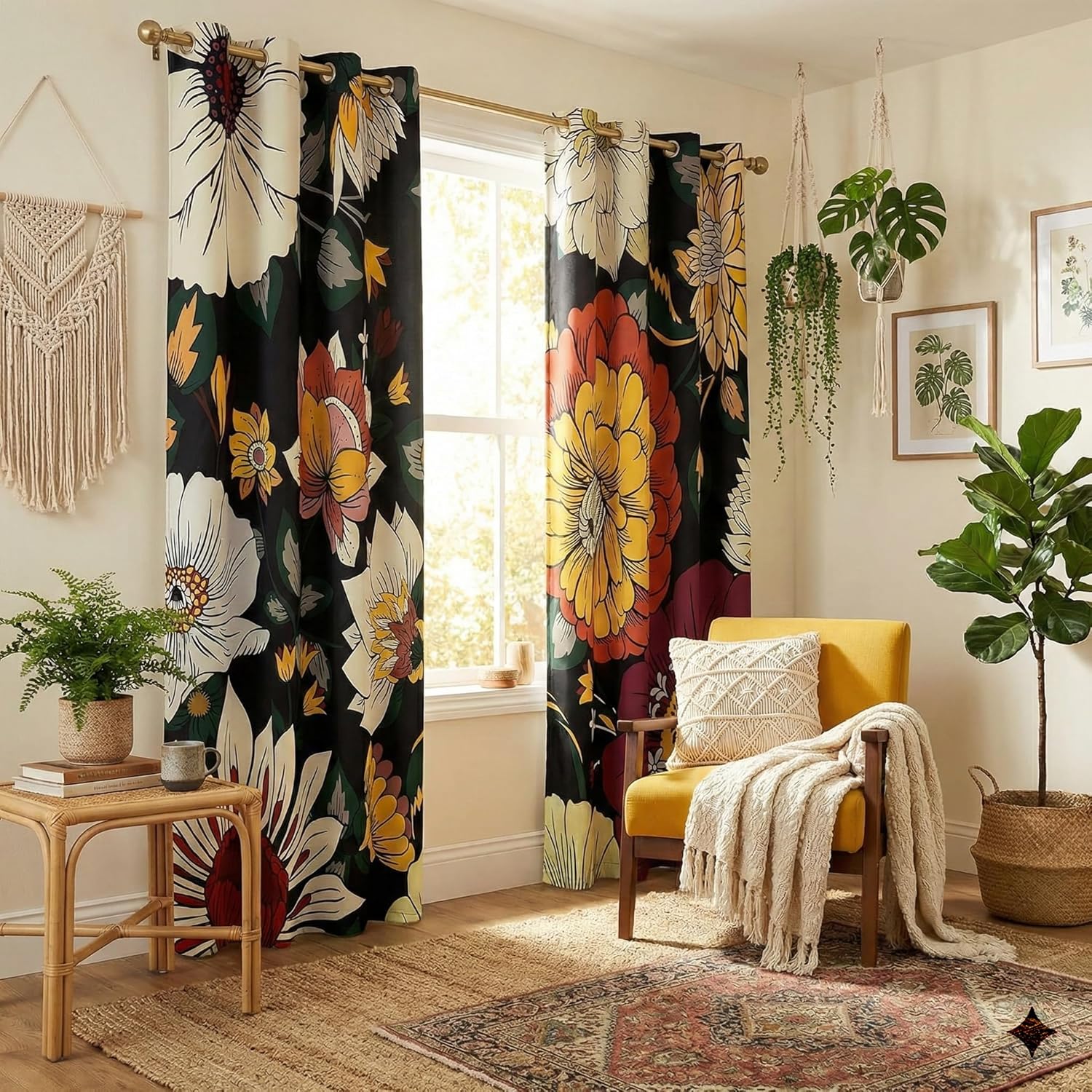 Black curtains with bold white, yellow, and red floral pattern, grommet top, in a sunny bohemian room.