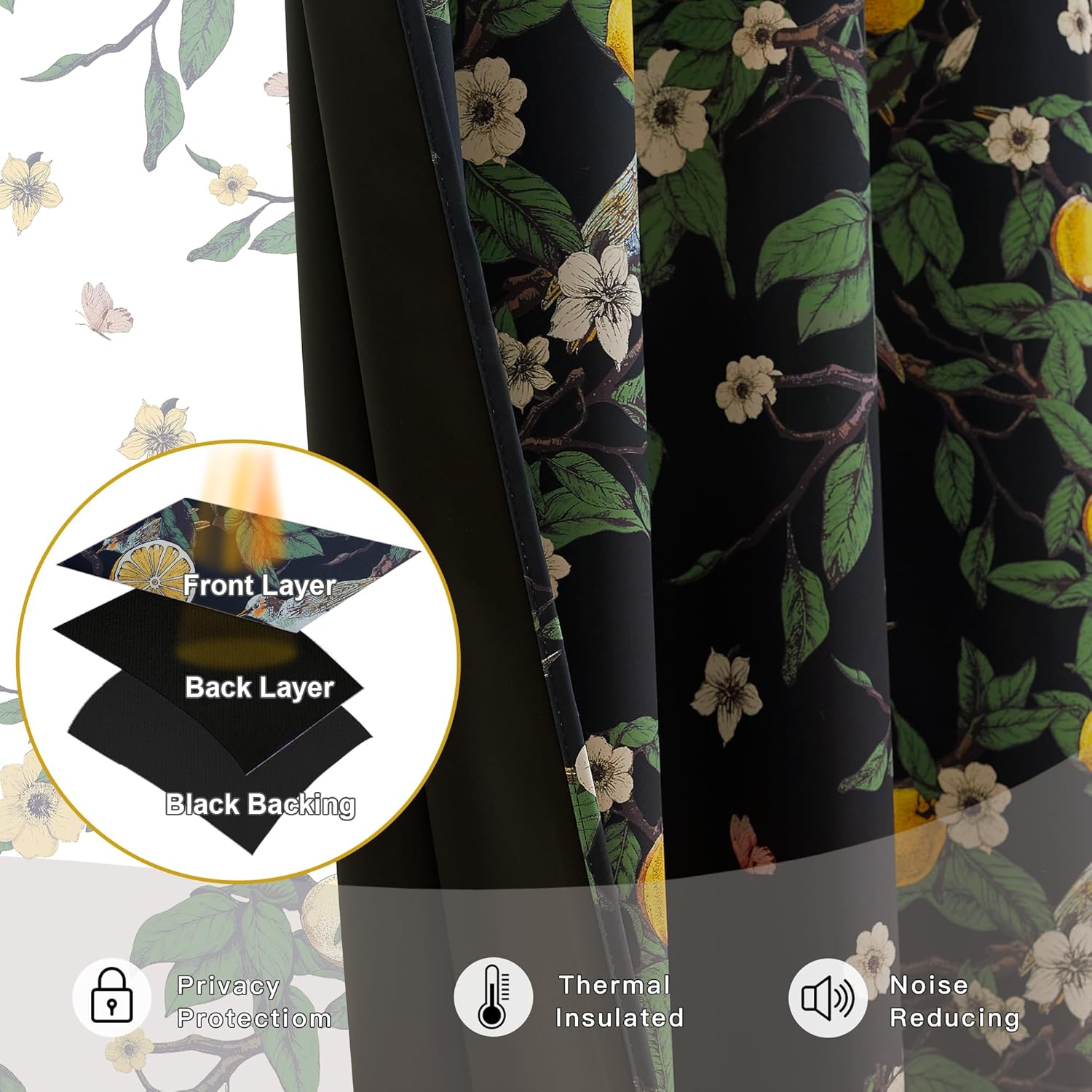 Black multi-layered blackout curtain with lemon and white floral pattern. Insulated, private, noise reduction.