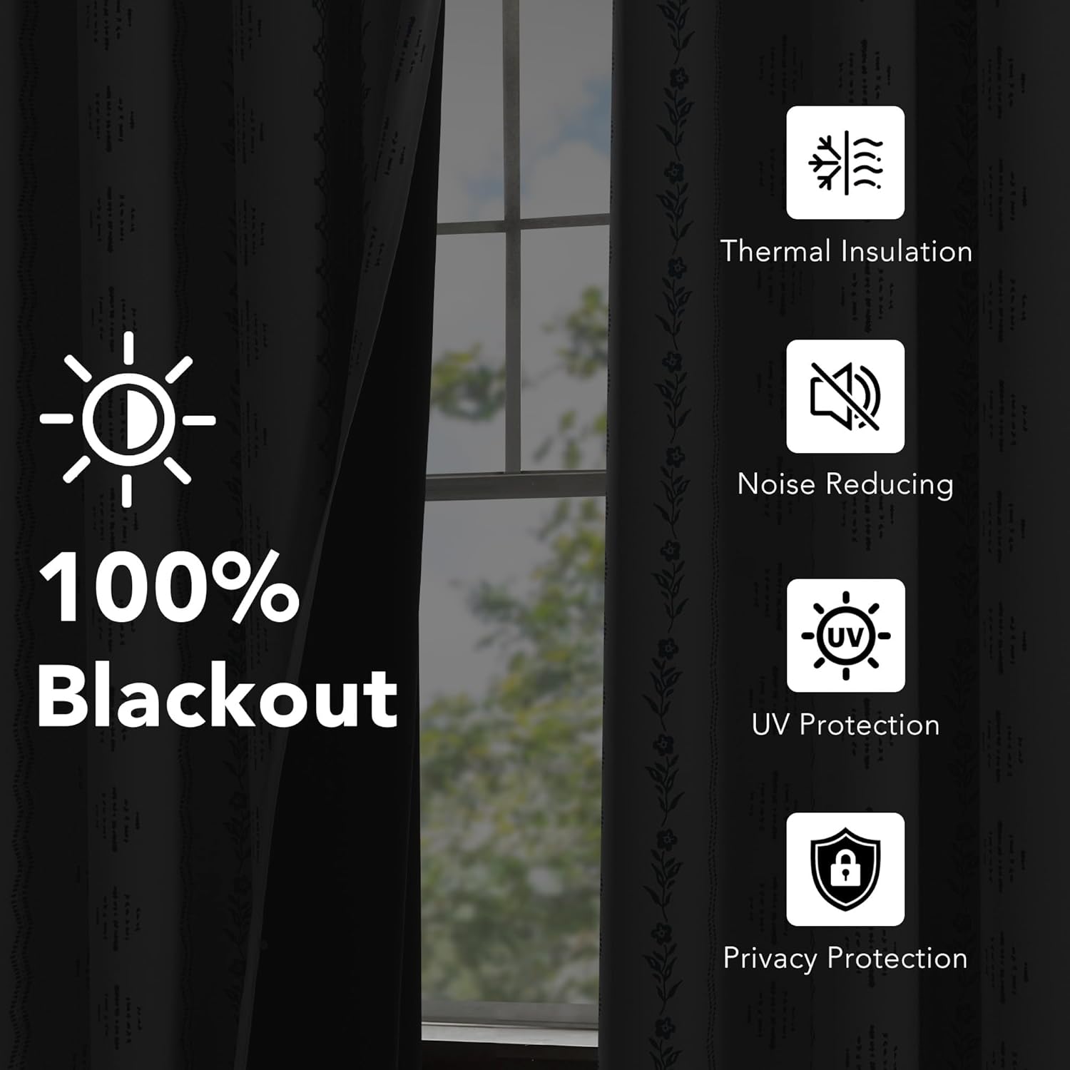 Black blackout curtains with subtle striped texture and decorative floral border by a window.