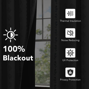 Black blackout curtains with subtle striped texture and decorative floral border by a window.
