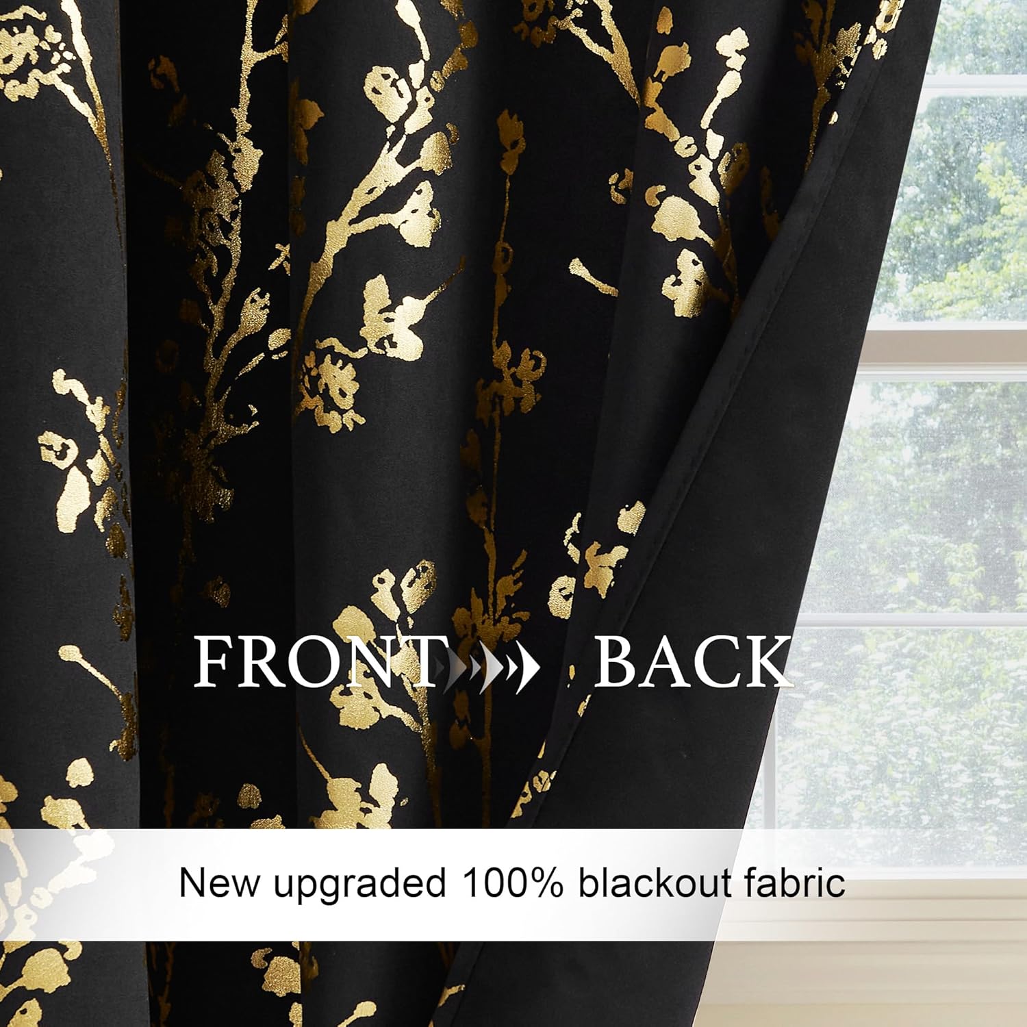 Blackout curtains with vibrant gold floral pattern on the front and solid black 100% blackout backing.