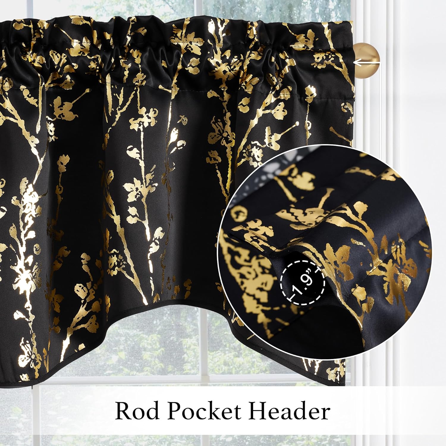 Decorative black window valance featuring a shiny gold floral print and a gathered rod pocket header.