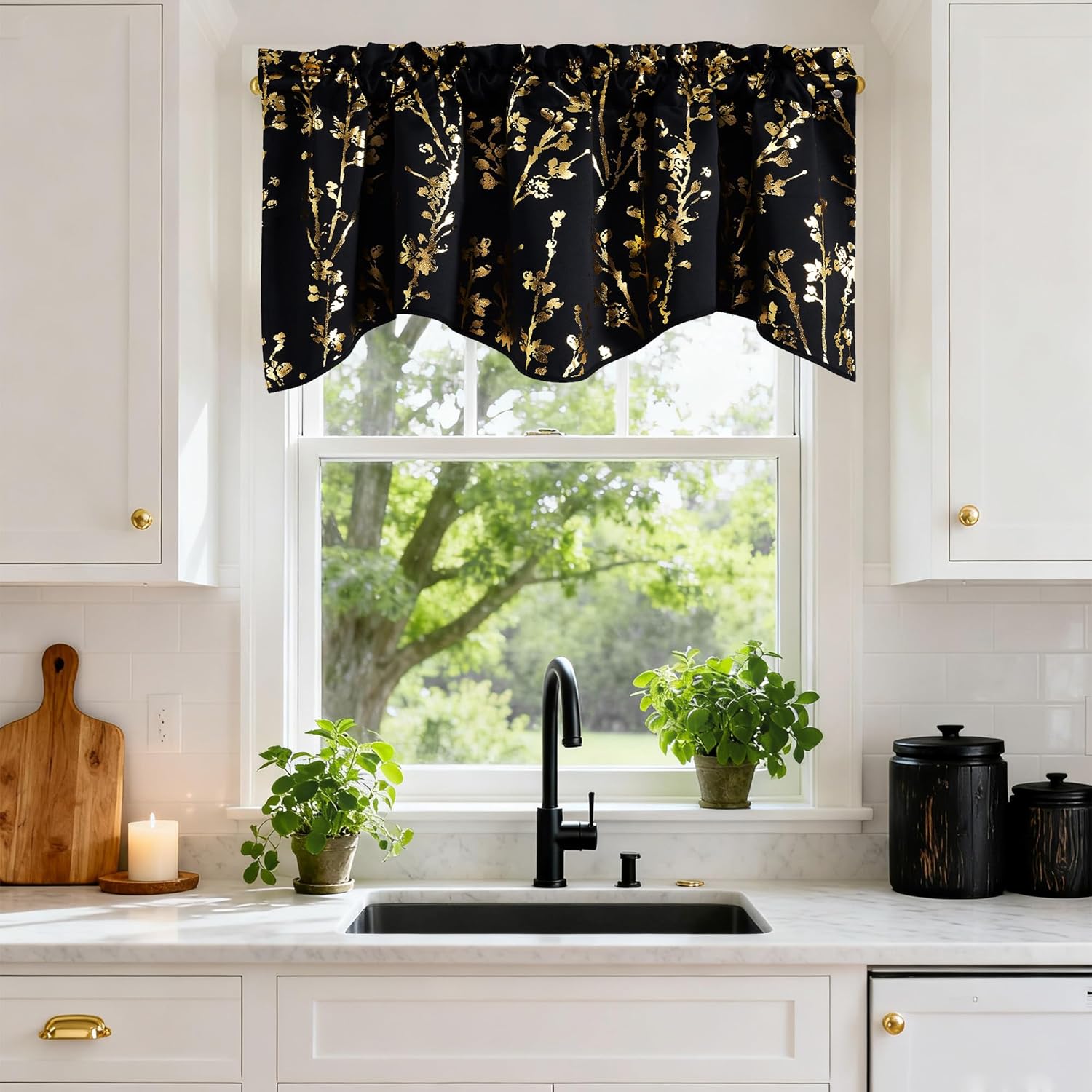 Elegant black kitchen window valance with shimmering gold floral tree branch print and scalloped bottom hem.