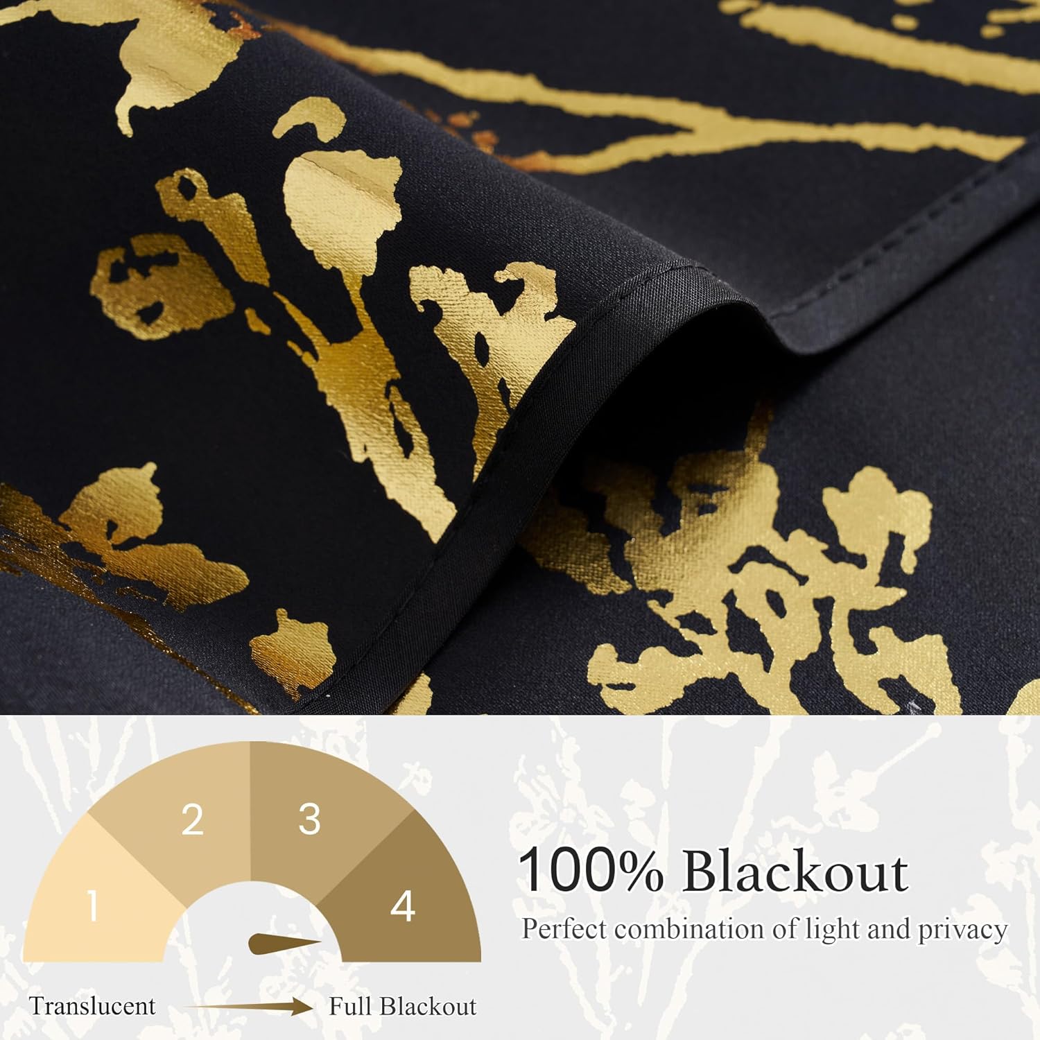 Black blackout fabric with elegant shimmering gold foil abstract pattern, showing 100% light blocking.