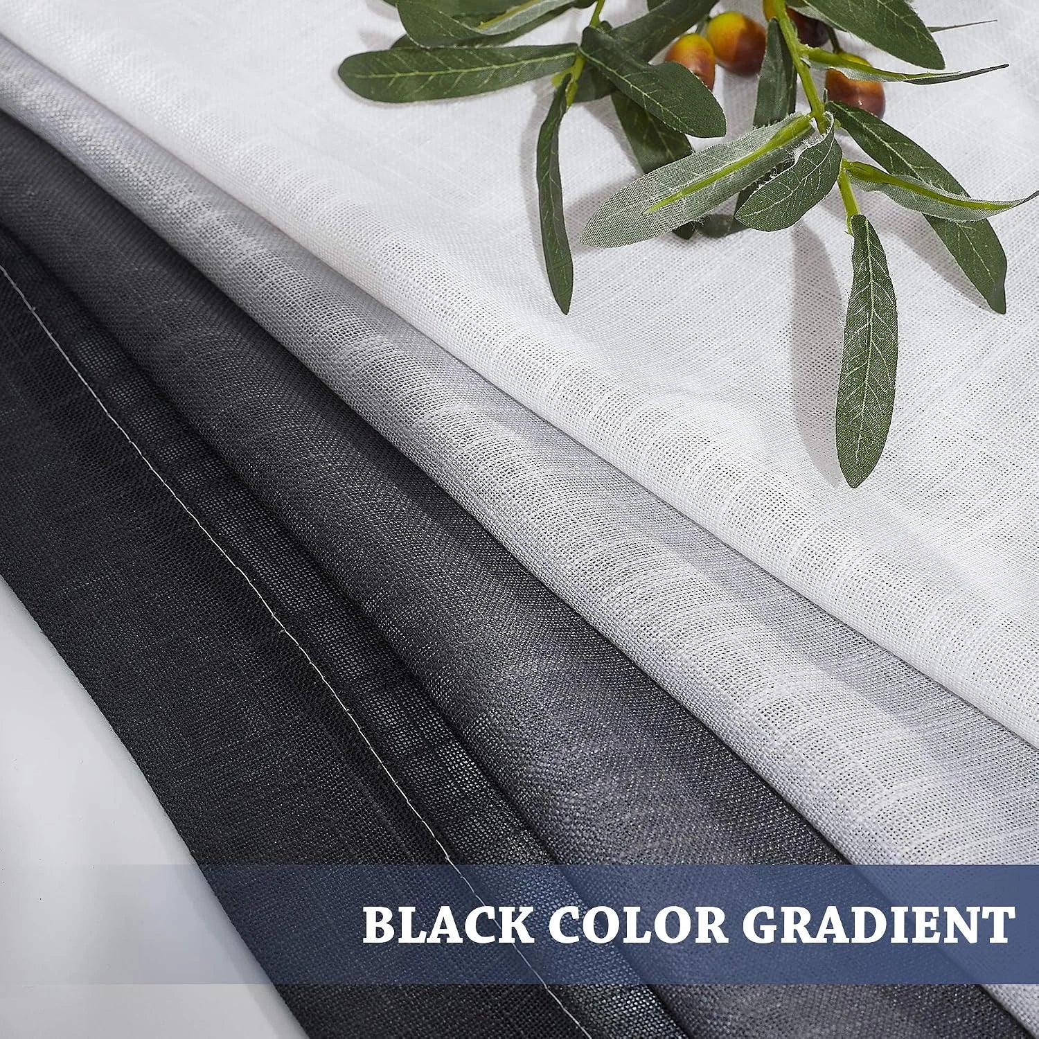 Layered black to white sheer linen-look fabric swatches with textured weave
