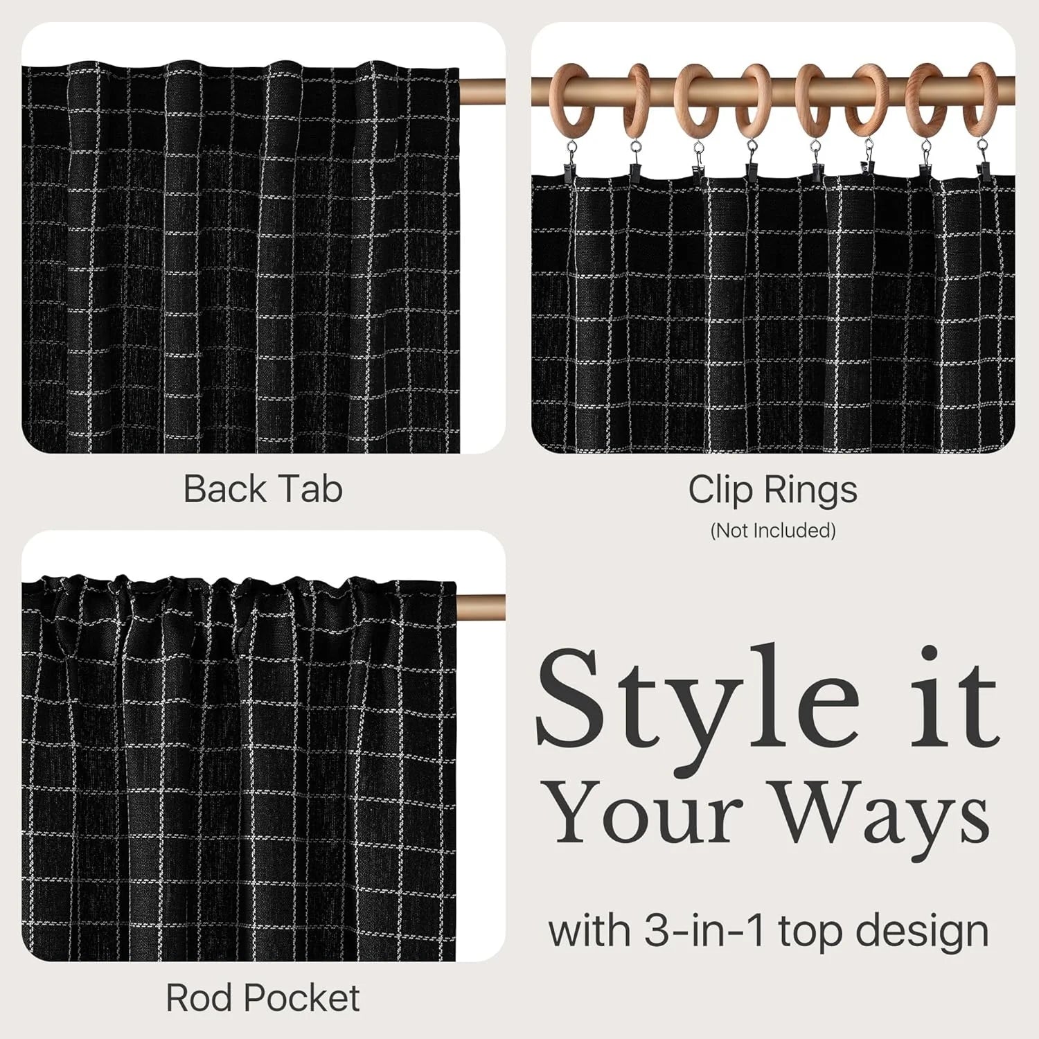 Black curtain with white grid pattern showing back tab, clip ring, and rod pocket styles.