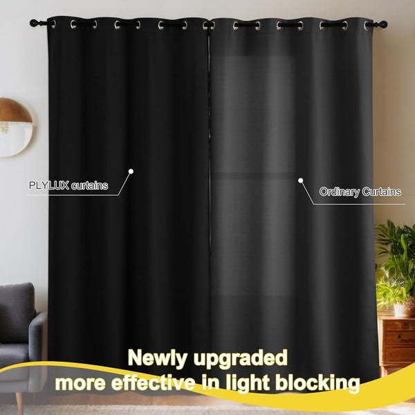Black grommet blackout curtains demonstrating effective light blocking in a living room setting.