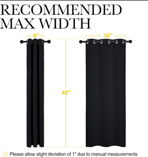 Black grommet curtain, 40-inch long. Shows 8-inch gathered and 36-inch extended width on a rod.