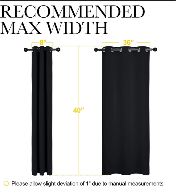 Black grommet curtain, 40-inch long. Shows 8-inch gathered and 36-inch extended width on a rod.