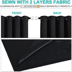 Black grommet top curtains featuring front, back, and close-up of double-layered blackout fabric.