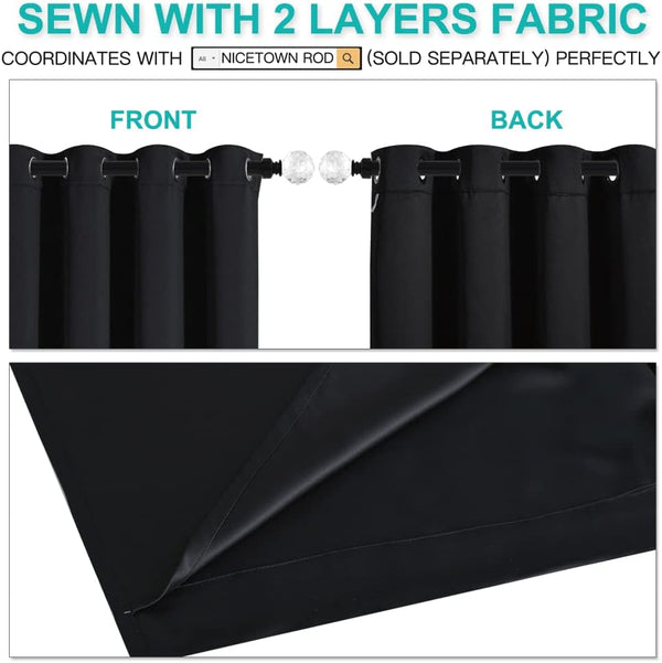 Black grommet top curtains featuring front, back, and close-up of double-layered blackout fabric.