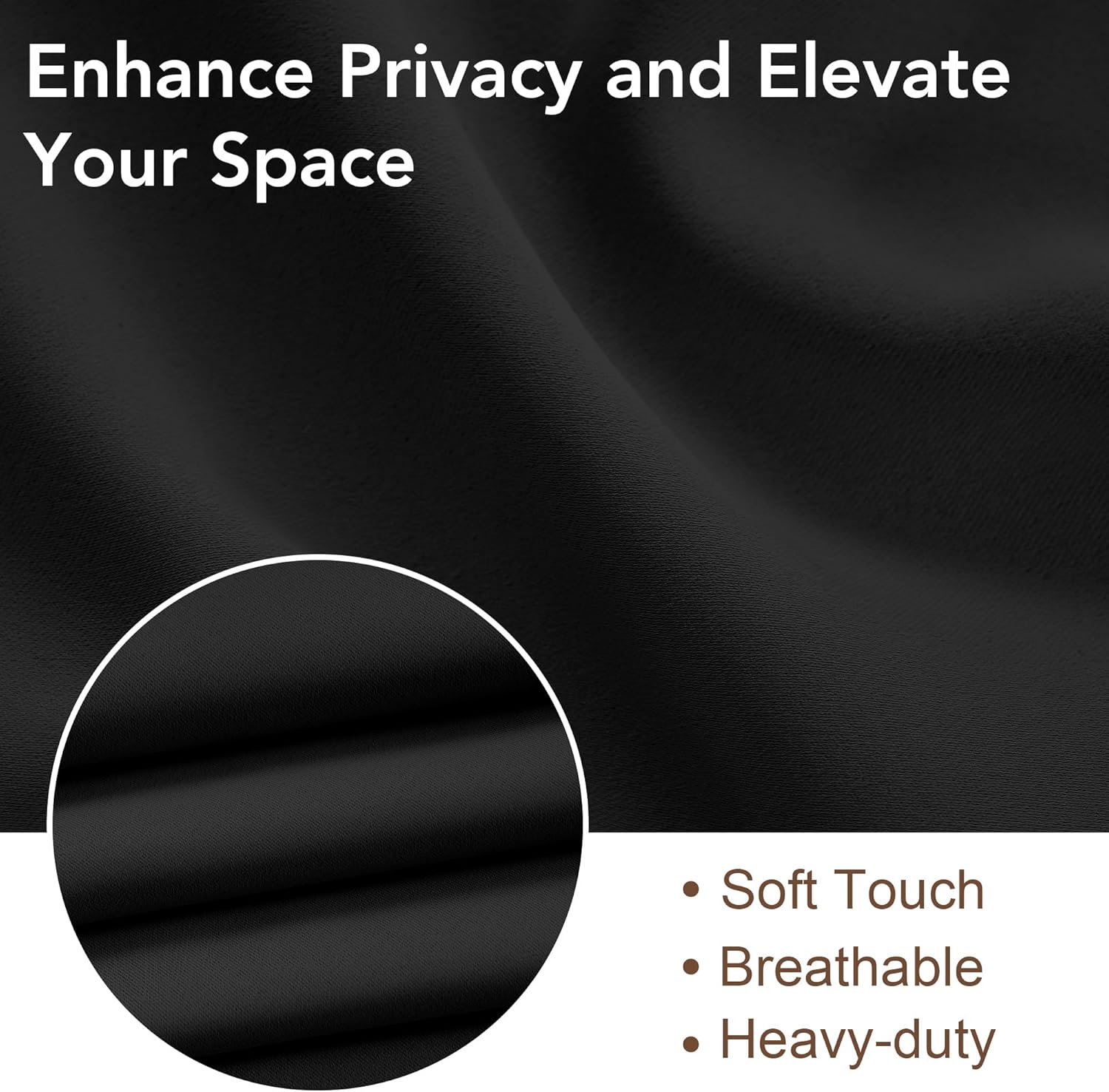 Close-up of a solid black heavy-duty fabric for privacy curtains, displaying soft texture and gentle folds.