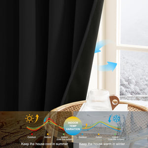 Black insulated curtains by a window with a snowy view, showcasing thermal energy efficiency.