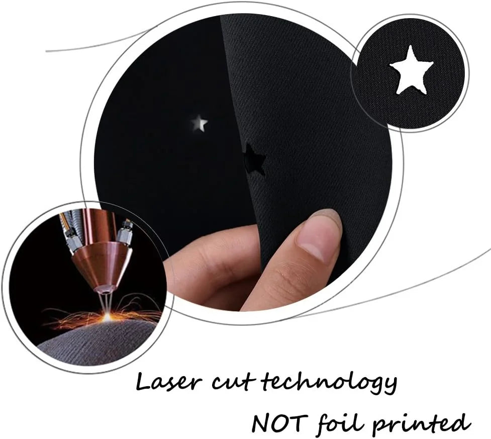 Hand holding black fabric with laser-cut star detail and close-up cutting process