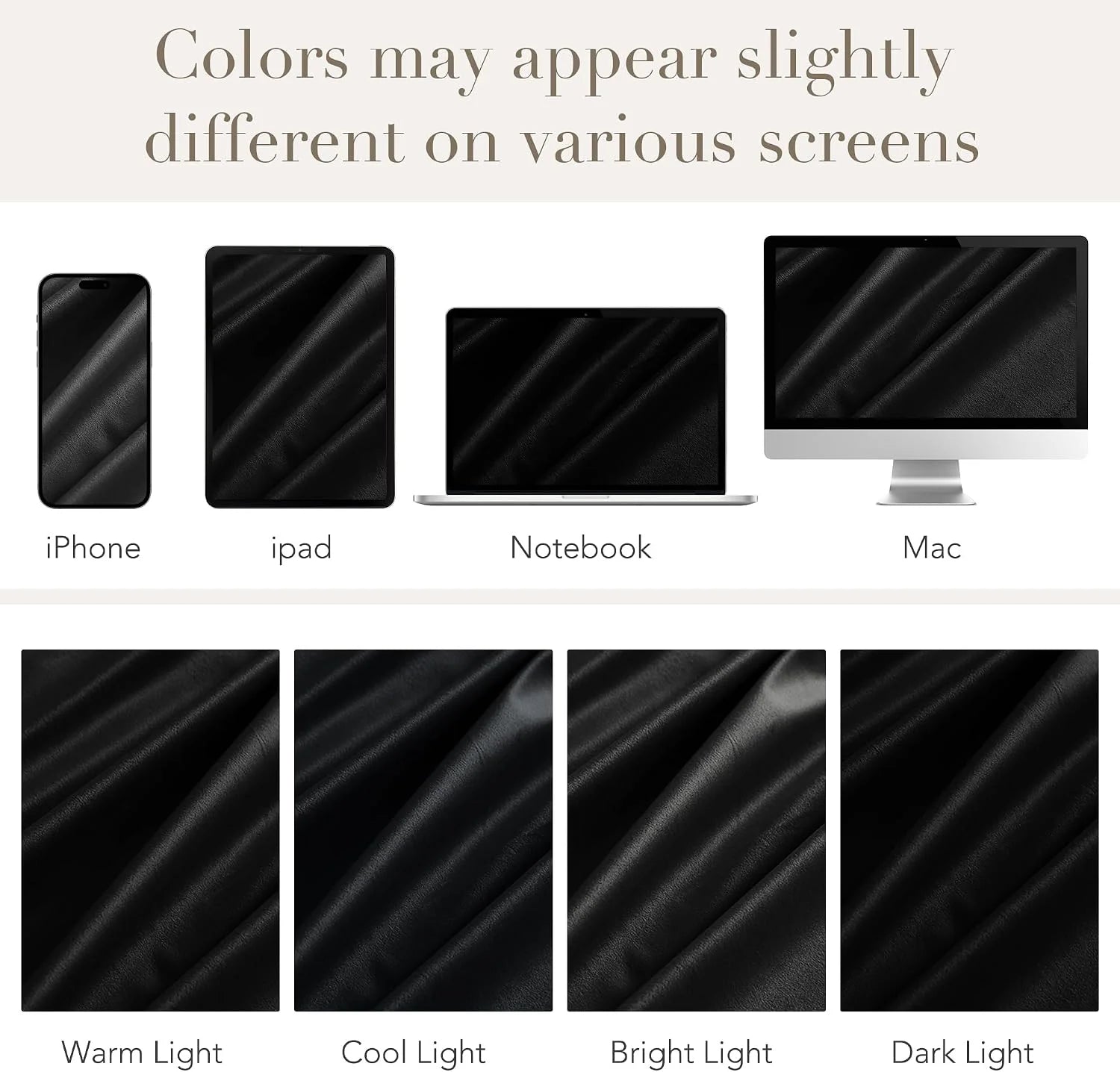 Black leather material shown across phone, tablet, laptop, and desktop screens in varied lighting