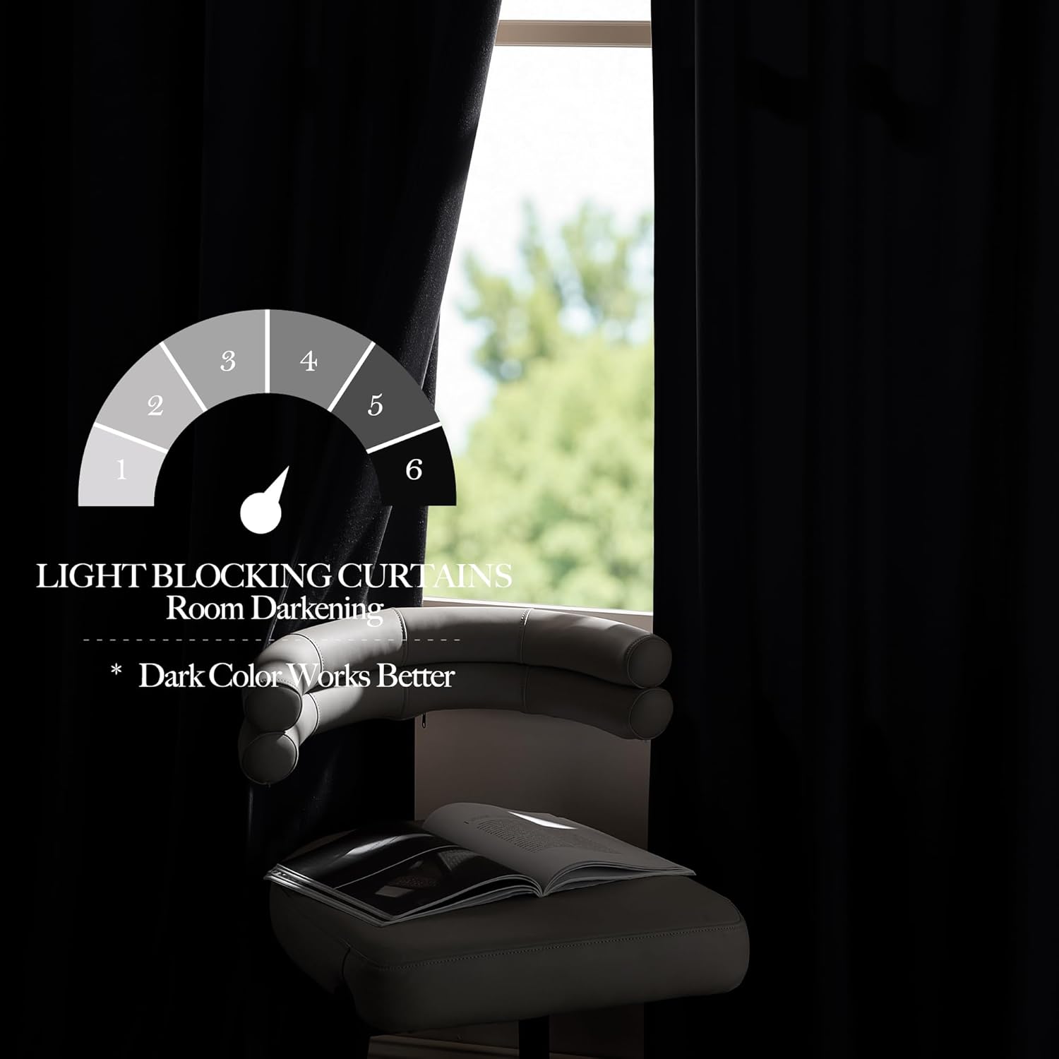 Solid black light-blocking curtain panel with room darkening performance indicator.