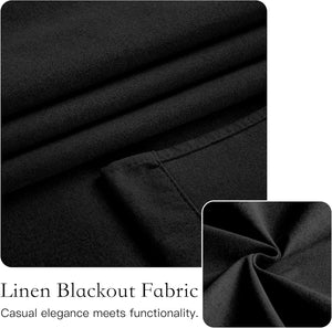 Close-up shot of black linen blackout fabric, highlighting its subtle texture and soft folds.