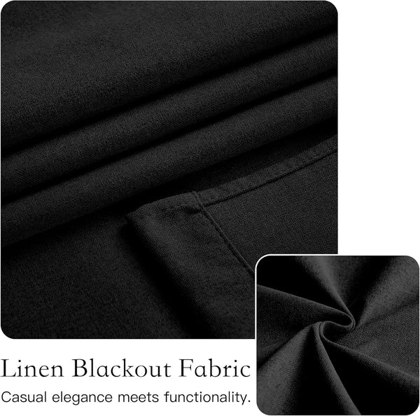 Close-up shot of black linen blackout fabric, highlighting its subtle texture and soft folds.