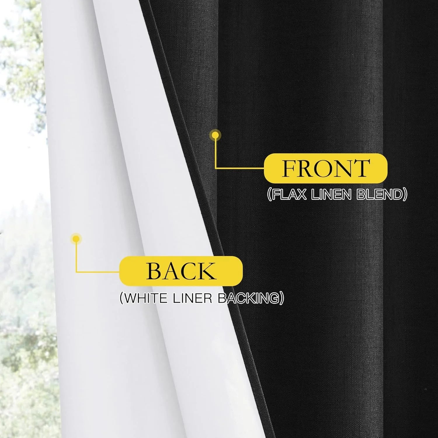 Black flax linen blend curtain with white liner backing shown in close-up