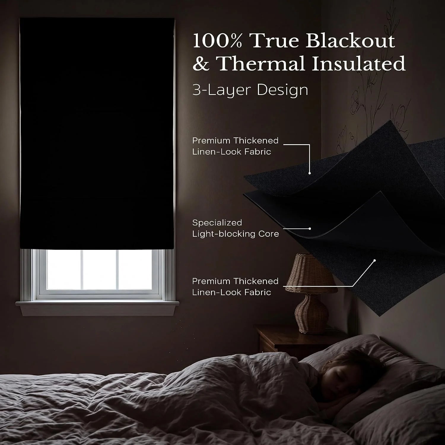Black linen-look blackout blind on bedroom window, child sleeps. Shows 3-layer thermal, light-blocking fabric.