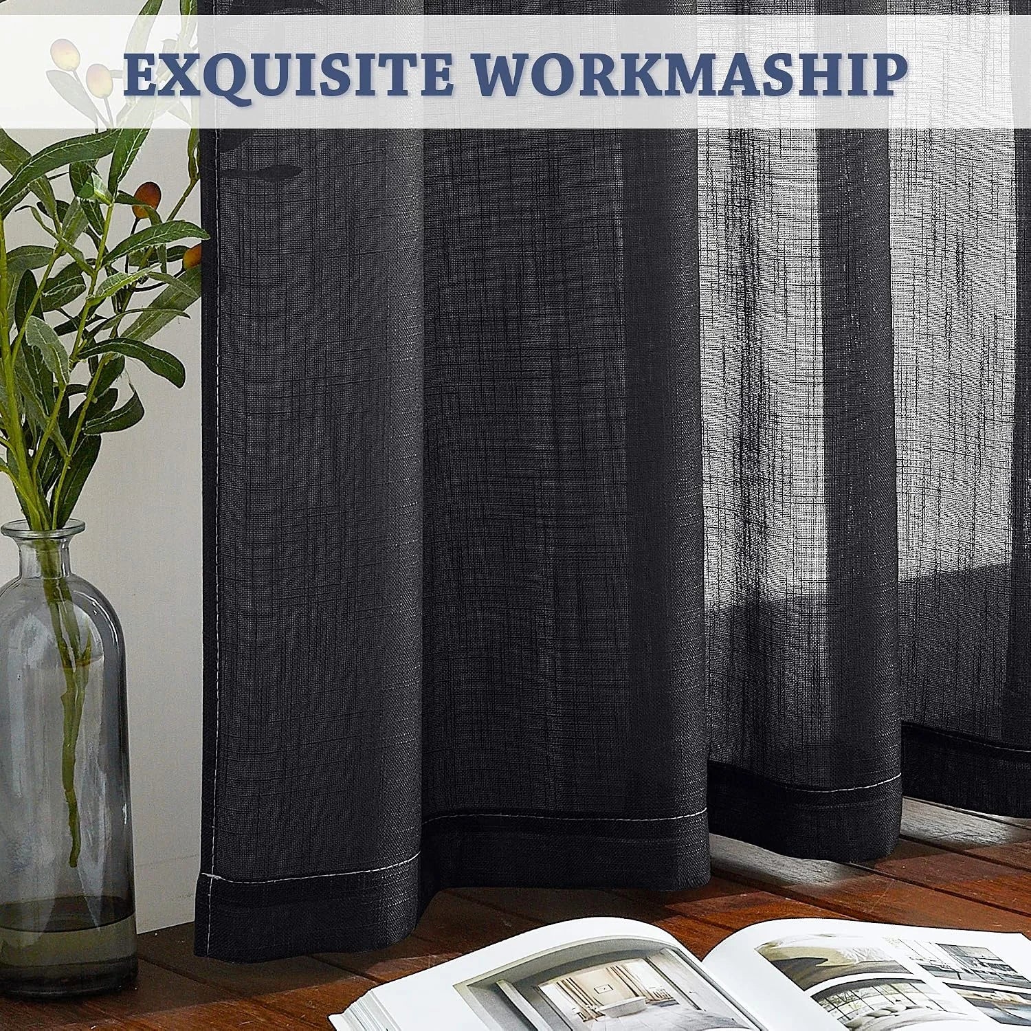 Black textured sheer curtain panel by a window with a glass vase and green stems