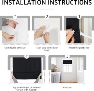 Installation guide for a black magnetic blackout door curtain, showing adhesive application.
