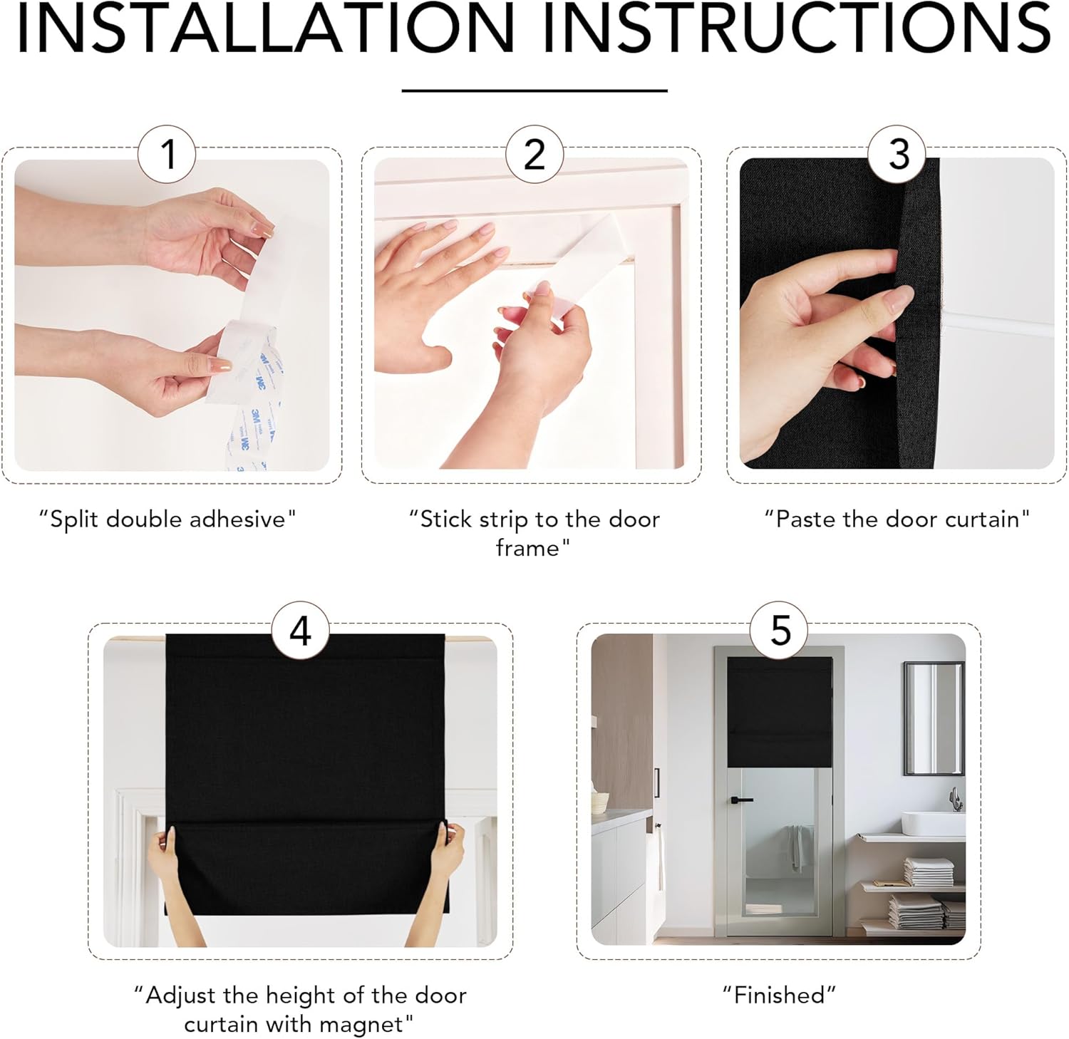 Black fabric adhesive door shade with magnetic adjustable height, shown on a door frame.