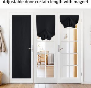 Black magnetic door panel curtains on white French doors, showing full coverage and two gathered, adjustable lengths.