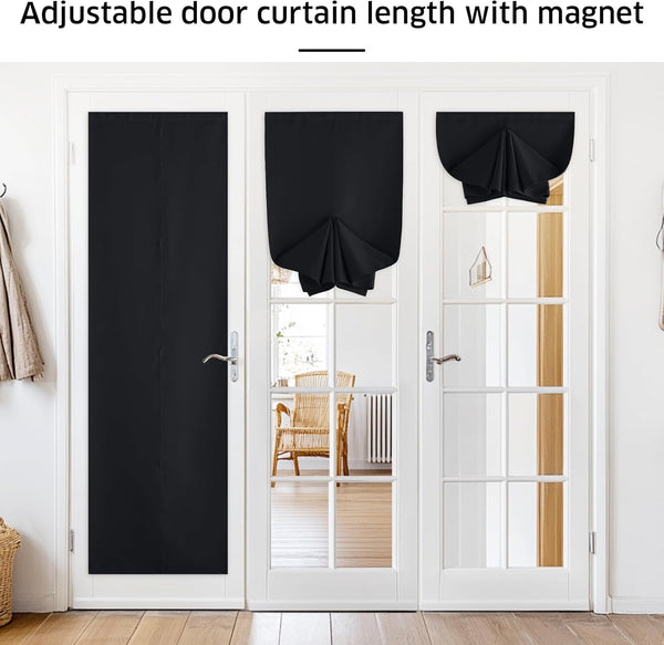 Black magnetic door panel curtains on white French doors, showing full coverage and two gathered, adjustable lengths.