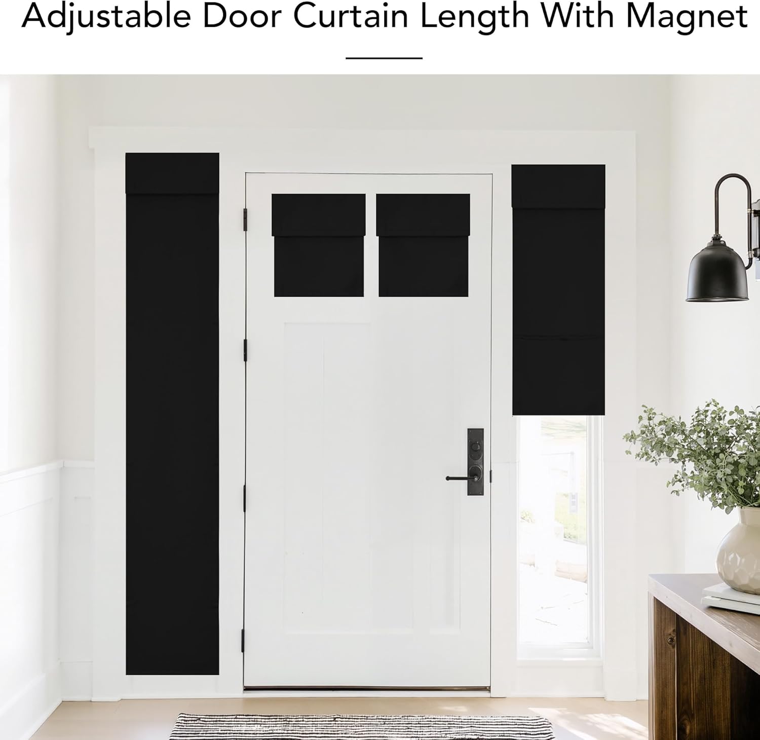 Adjustable black magnetic privacy shades covering glass panels and sidelights of a white front door.