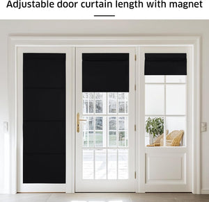Black magnetic adjustable door blinds on white French doors, showing customizable lengths on glass panels.