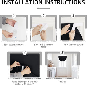 Installation guide for black magnetic door curtain, with adhesive mounting and pleated magnetic adjustment.