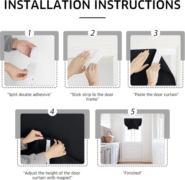 Installation guide for black magnetic door curtain, with adhesive mounting and pleated magnetic adjustment.