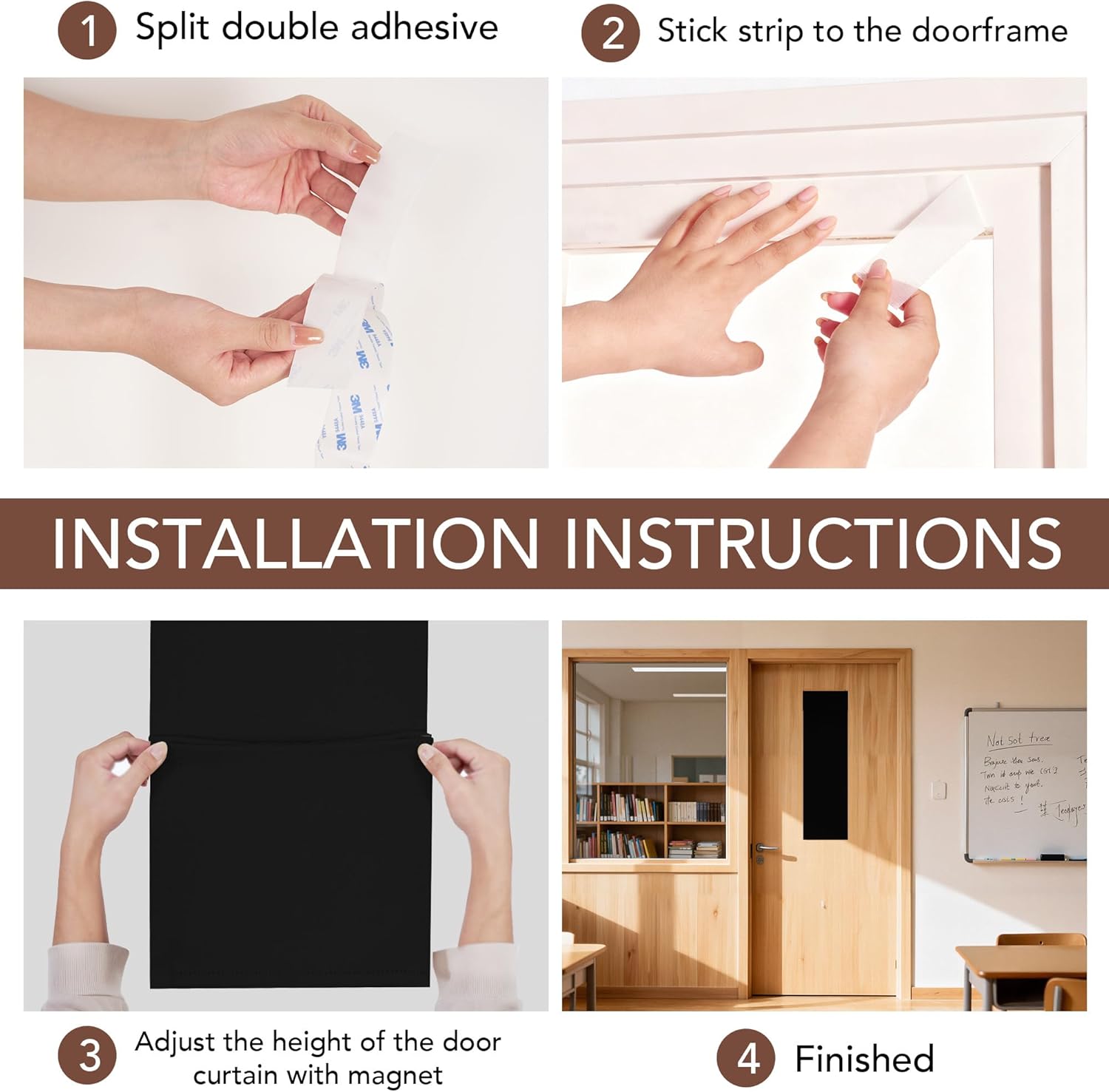 Hands installing a black magnetic fabric door window privacy cover with adhesive backing.