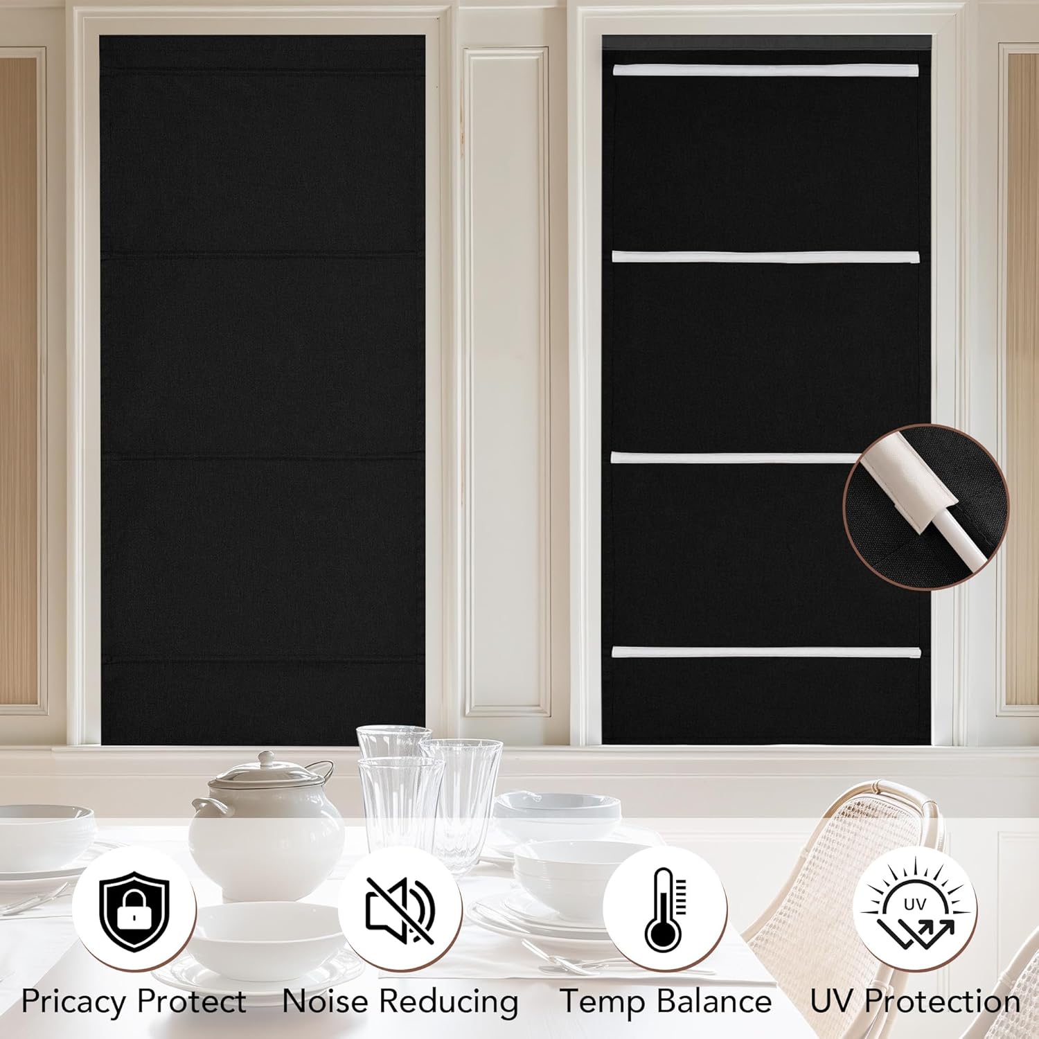Black fabric magnetic roman shades on two windows. Shows white magnetic strips and provides privacy.