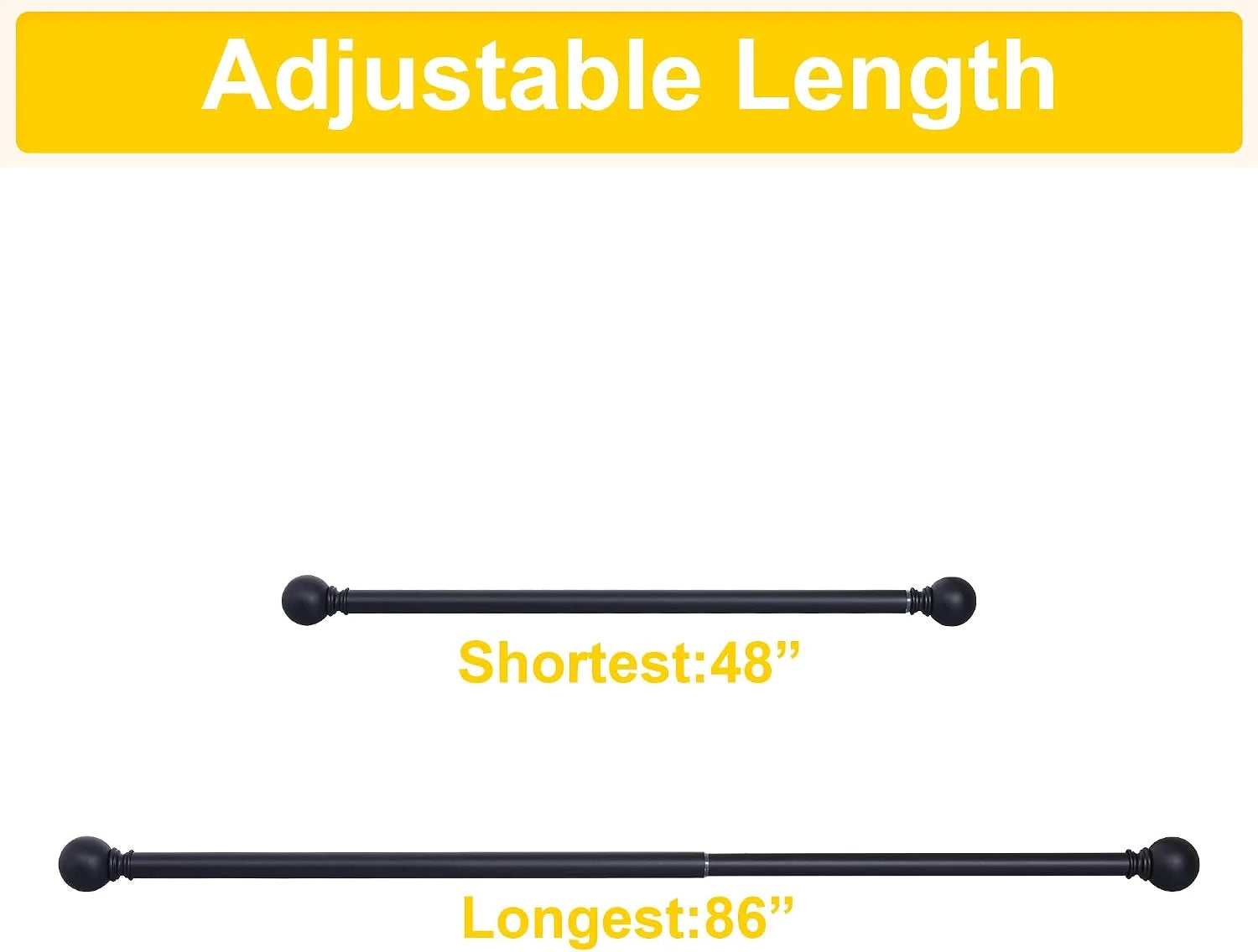 Black adjustable curtain rod with round finials shown at 48 and 86 inches