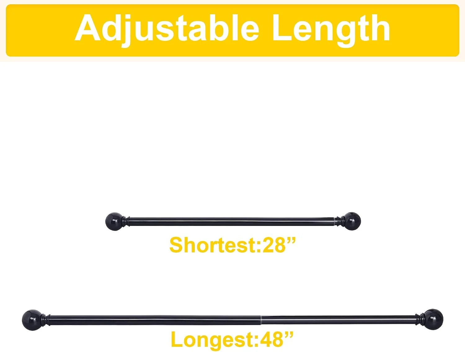 Black adjustable metal curtain rod with round finials, shown from 28 to 48 inches