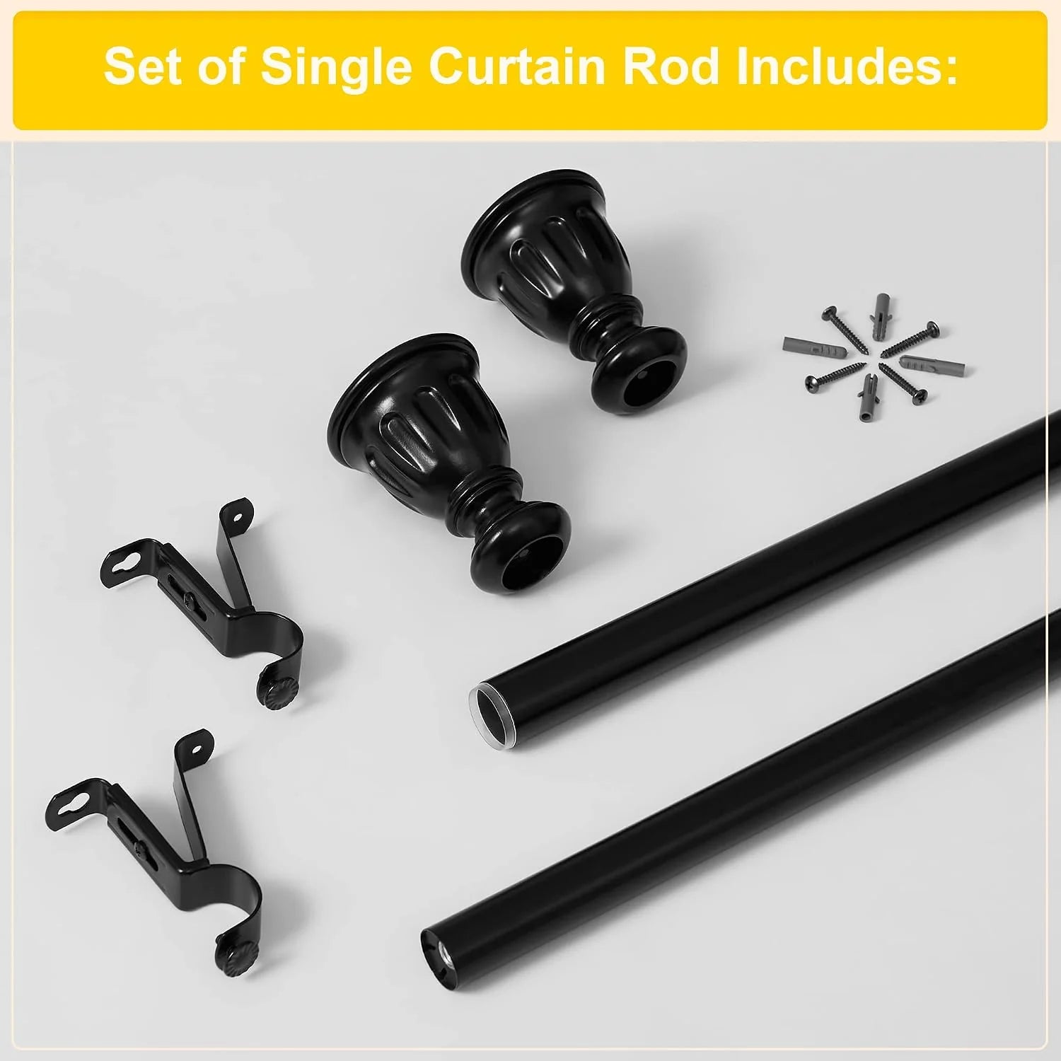 Black metal single curtain rod set with finials, brackets, screws and wall anchors