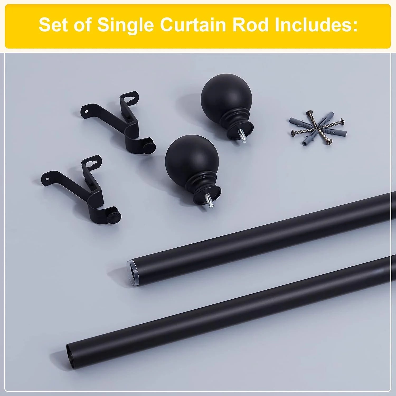 Black single curtain rod set with round finials, brackets, screws, and anchors