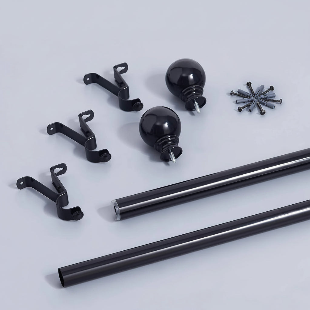 Black metal single curtain rod set with brackets, finials, screws, and wall anchors