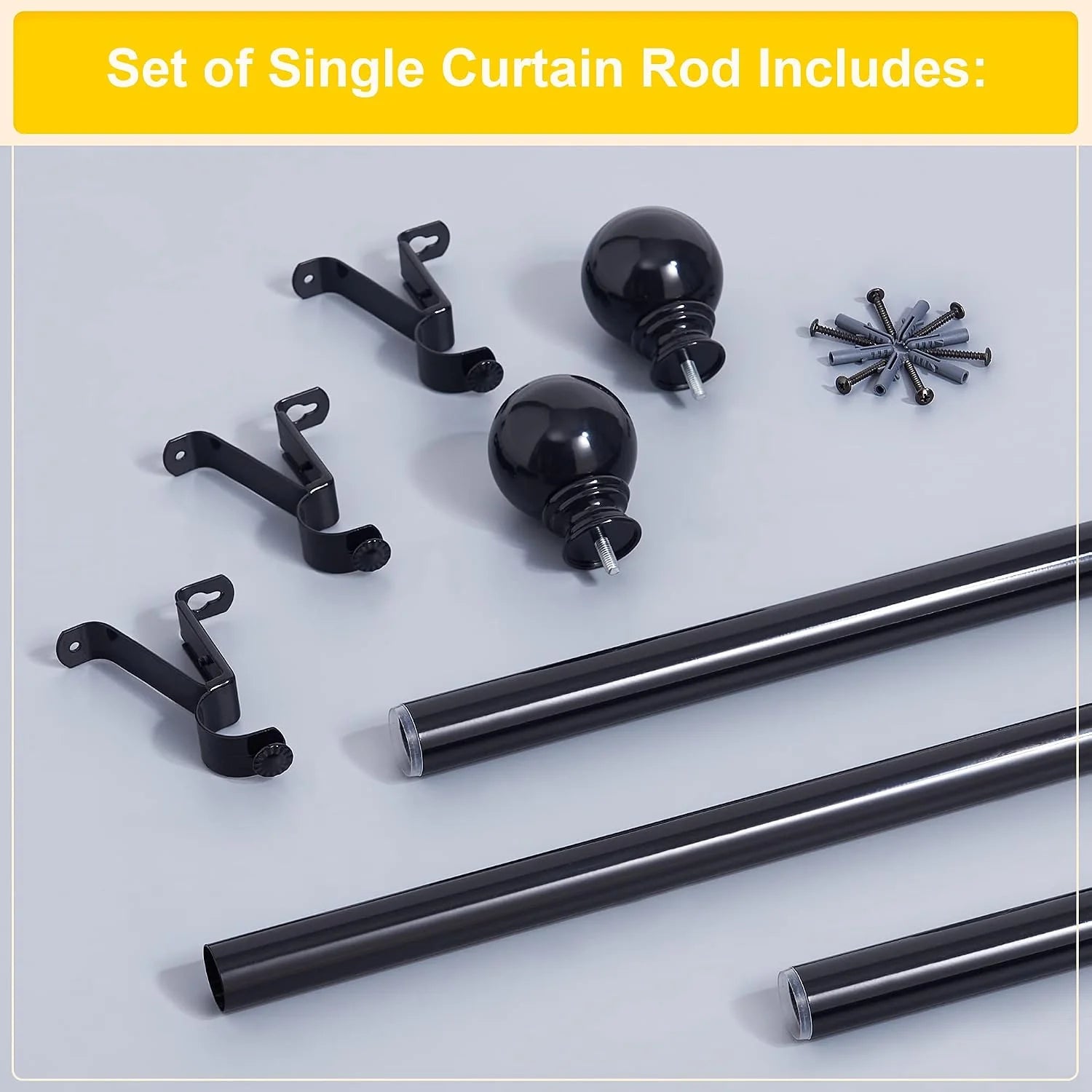 Black metal single curtain rod set with brackets, finials, screws, and anchors